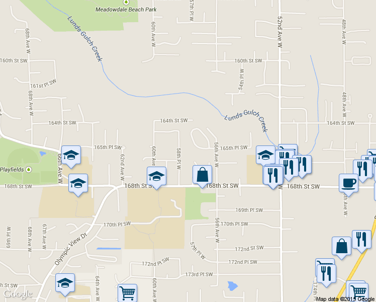 map of restaurants, bars, coffee shops, grocery stores, and more near 5714 Hillpointe Circle in Lynnwood