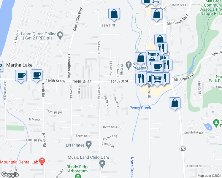 map of restaurants, bars, coffee shops, grocery stores, and more near 416 164th Place Southeast in Bothell