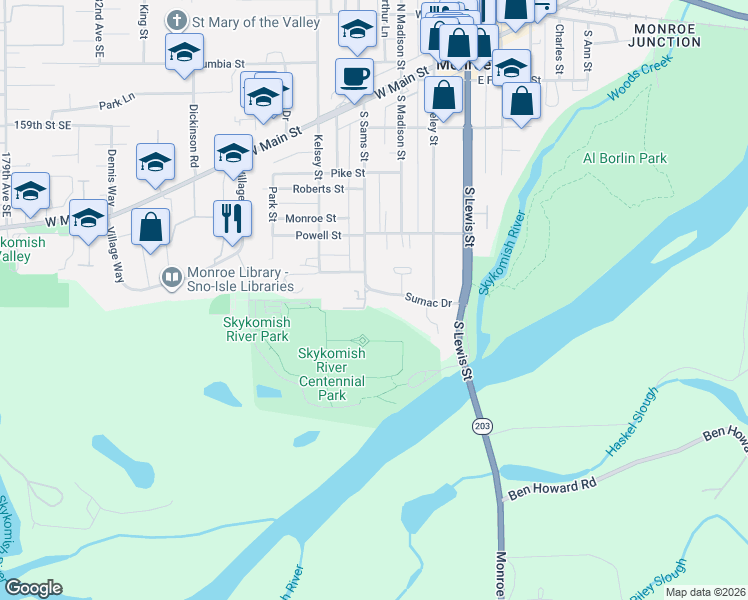 map of restaurants, bars, coffee shops, grocery stores, and more near 522 South Sams Street in Monroe