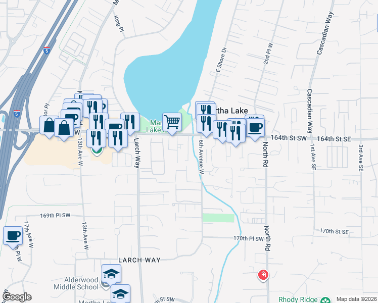 map of restaurants, bars, coffee shops, grocery stores, and more near 16429 7th Place West in Lynnwood