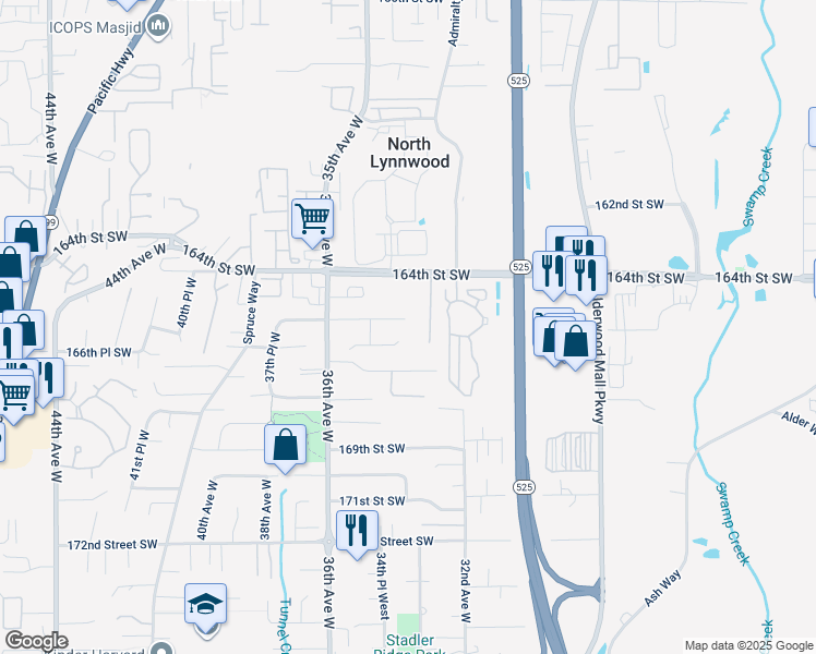 map of restaurants, bars, coffee shops, grocery stores, and more near 3328 165th Place Southwest in Lynnwood