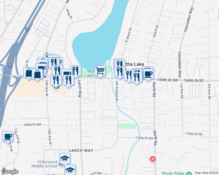 map of restaurants, bars, coffee shops, grocery stores, and more near 16429 7th Place West in Lynnwood