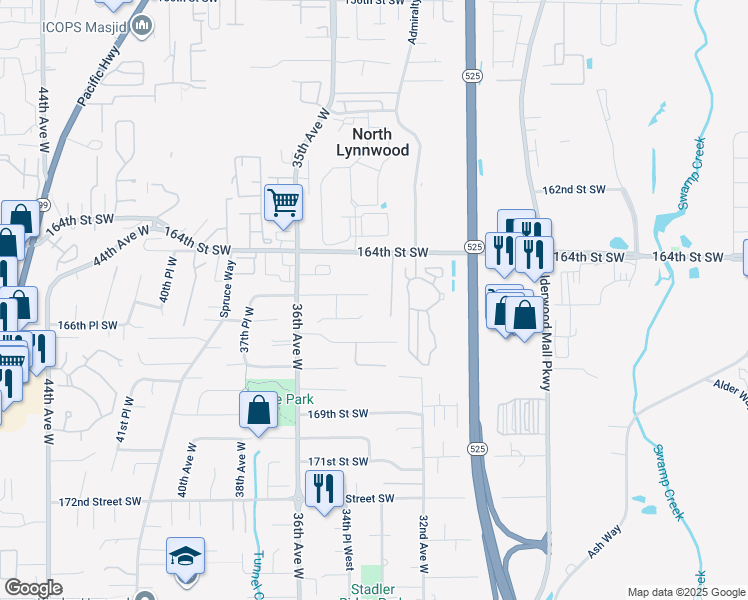 map of restaurants, bars, coffee shops, grocery stores, and more near 3328 165th Place Southwest in Lynnwood