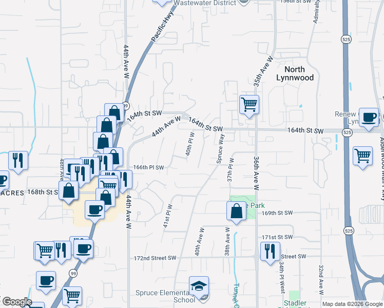 map of restaurants, bars, coffee shops, grocery stores, and more near 16515 40th Place West in Lynnwood