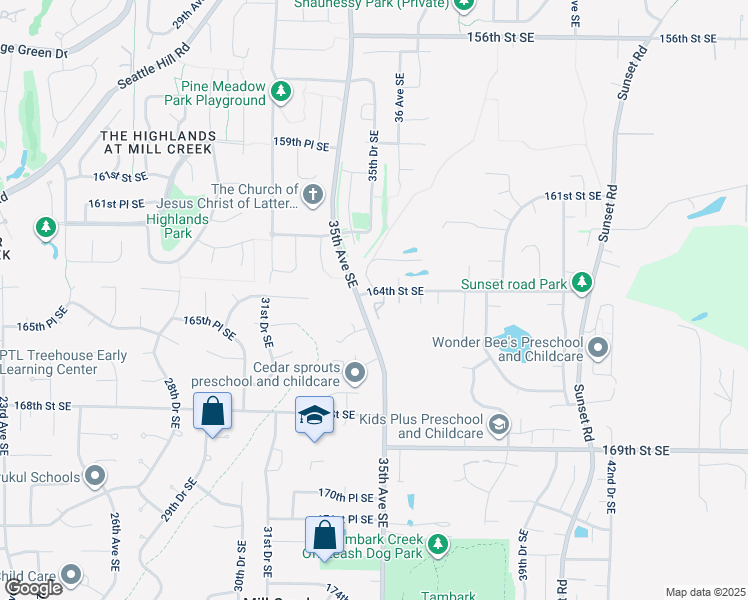 map of restaurants, bars, coffee shops, grocery stores, and more near 3428 164th Place Southeast in Bothell