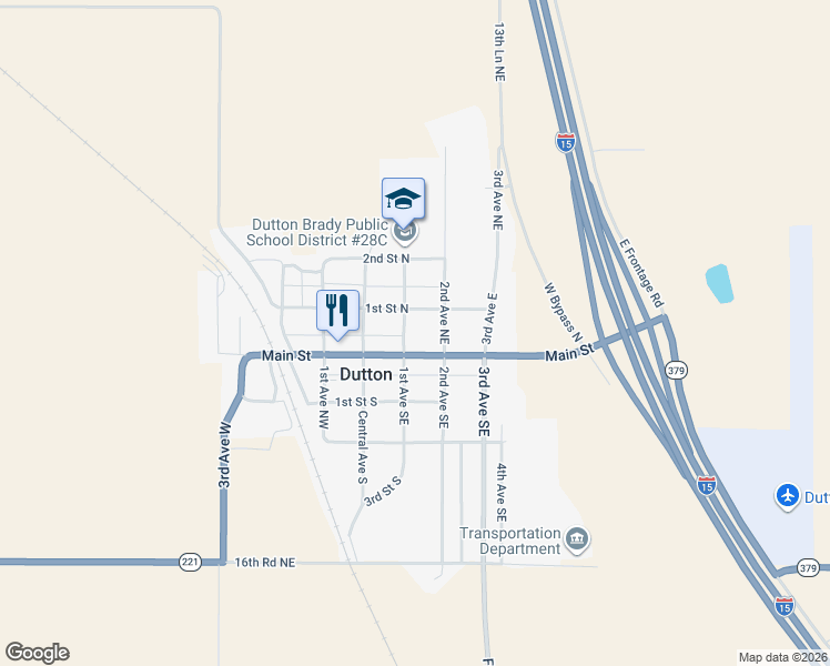 map of restaurants, bars, coffee shops, grocery stores, and more near 13 1st Avenue Northeast in Dutton