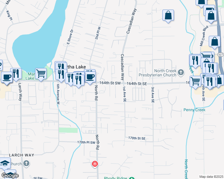 map of restaurants, bars, coffee shops, grocery stores, and more near 16433 Meridian Avenue South in Bothell