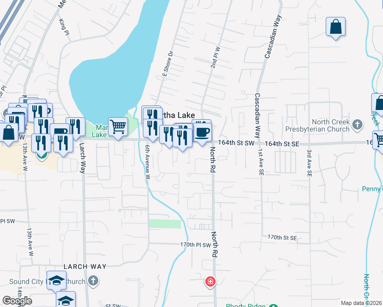 map of restaurants, bars, coffee shops, grocery stores, and more near 312 164th Street Southwest in Lynnwood