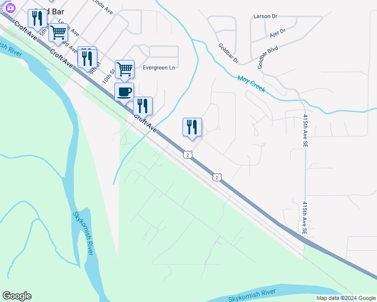 map of restaurants, bars, coffee shops, grocery stores, and more near 40709 State Route 2 in Gold Bar