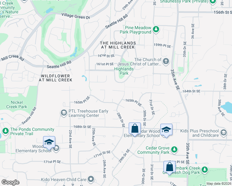 map of restaurants, bars, coffee shops, grocery stores, and more near 2713 166th Street Southeast in Bothell