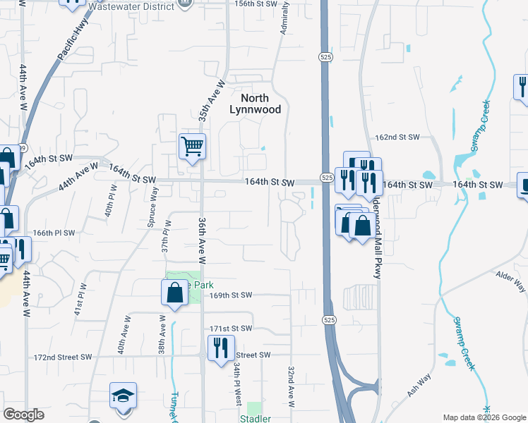 map of restaurants, bars, coffee shops, grocery stores, and more near 3328 165th Place Southwest in Lynnwood