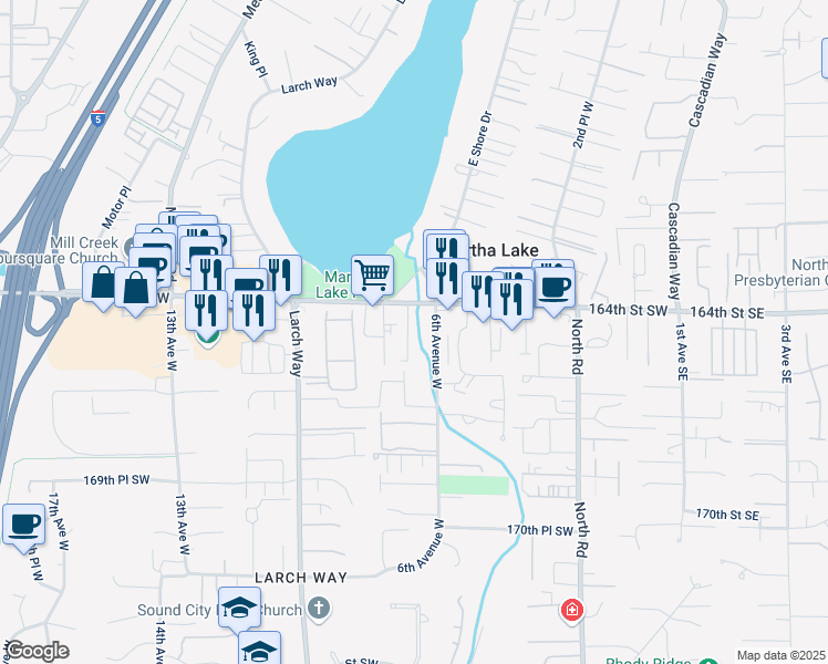 map of restaurants, bars, coffee shops, grocery stores, and more near 16429 7th Place West in Lynnwood