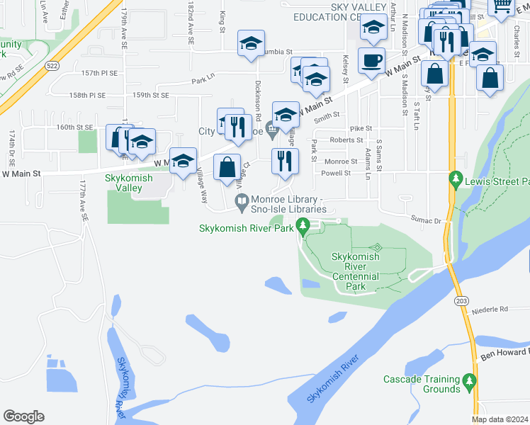 map of restaurants, bars, coffee shops, grocery stores, and more near 936 Village Way in Monroe
