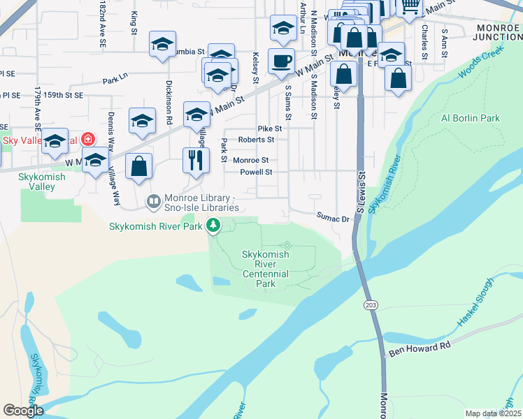 map of restaurants, bars, coffee shops, grocery stores, and more near 524 Terrace Street in Monroe