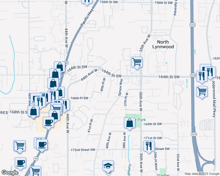 map of restaurants, bars, coffee shops, grocery stores, and more near 3832 164th Street Southwest in Lynnwood