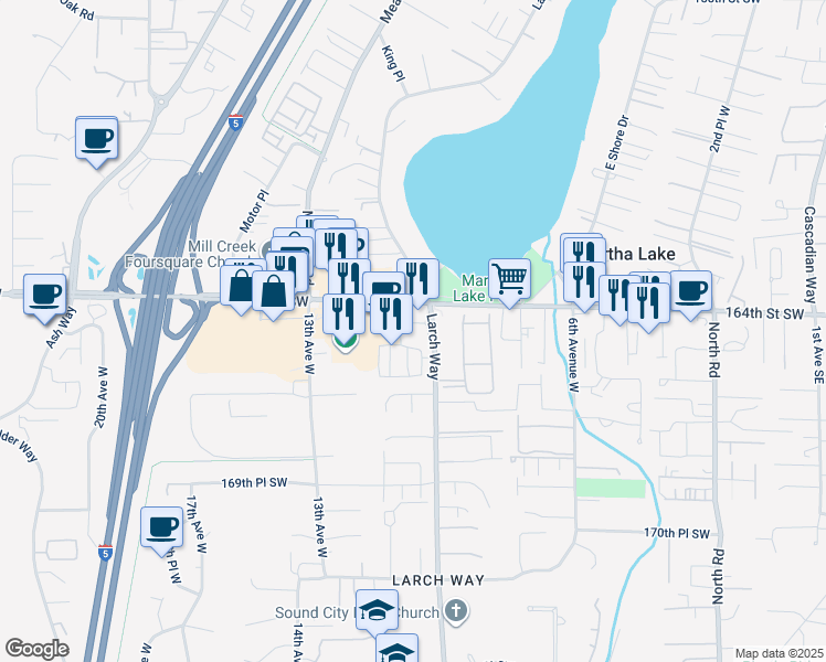 map of restaurants, bars, coffee shops, grocery stores, and more near 16520 Larch Way in Lynnwood