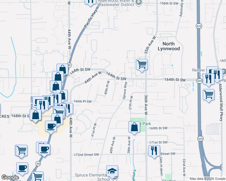 map of restaurants, bars, coffee shops, grocery stores, and more near 3832 164th Street Southwest in Lynnwood