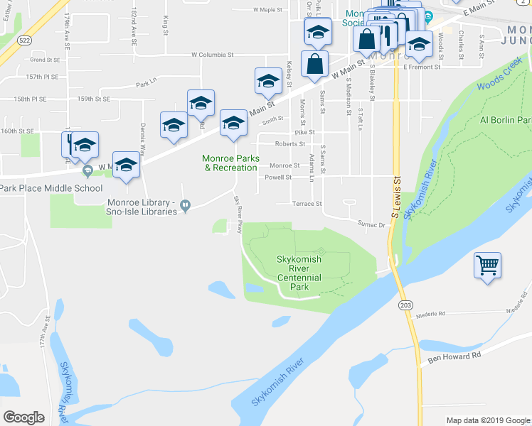 map of restaurants, bars, coffee shops, grocery stores, and more near 626 Terrace Street in Monroe