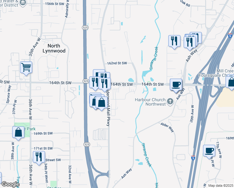 map of restaurants, bars, coffee shops, grocery stores, and more near 2510 164th Street Southwest in Lynnwood