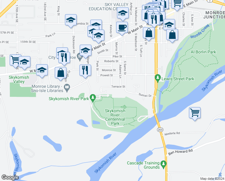 map of restaurants, bars, coffee shops, grocery stores, and more near 524 Terrace Street in Monroe