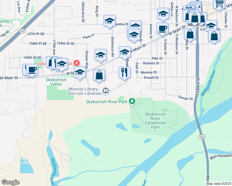 map of restaurants, bars, coffee shops, grocery stores, and more near 818 Village Way in Monroe