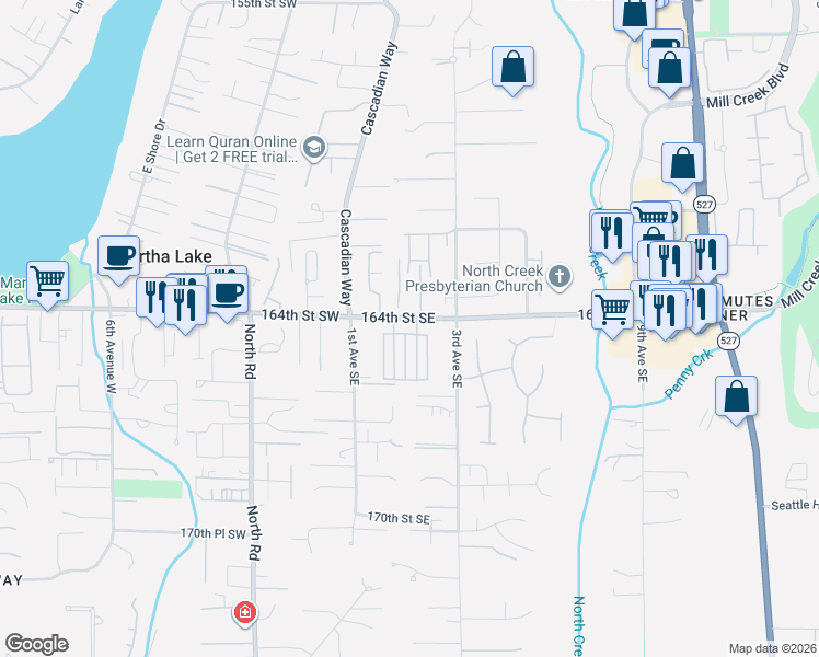 map of restaurants, bars, coffee shops, grocery stores, and more near 205 164th Place Southeast in Bothell