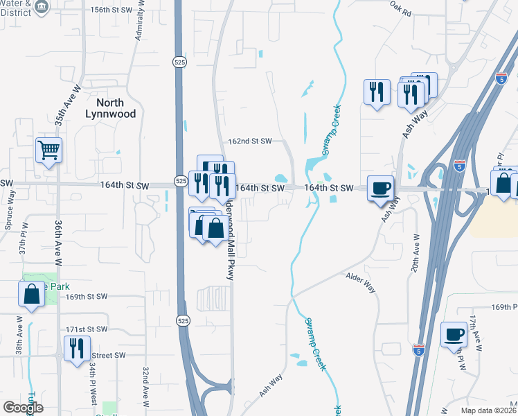 map of restaurants, bars, coffee shops, grocery stores, and more near 16533 Alderwood Mall Parkway in Lynnwood