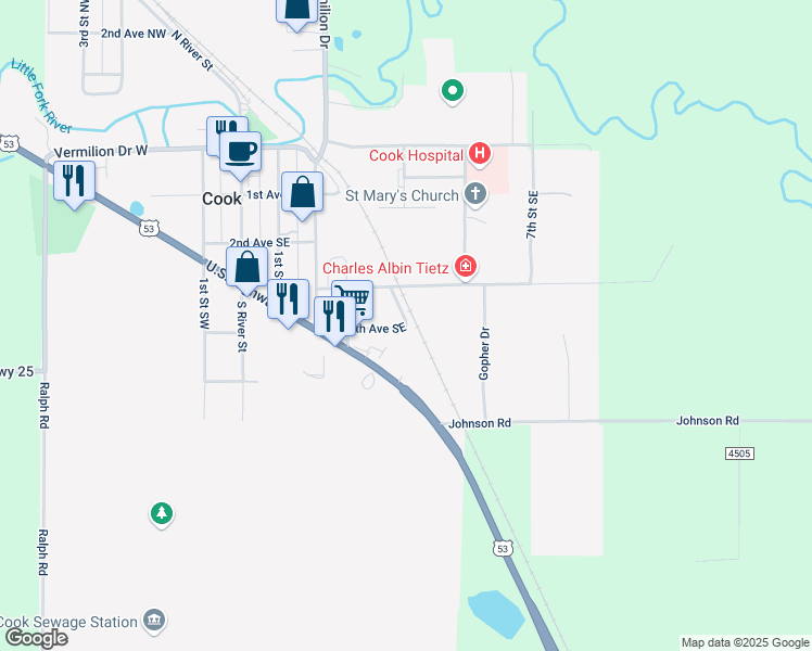 map of restaurants, bars, coffee shops, grocery stores, and more near 151 4th Street Southeast in Cook