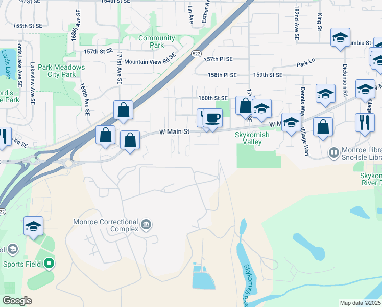 map of restaurants, bars, coffee shops, grocery stores, and more near 16372 177th Avenue Southeast in Monroe