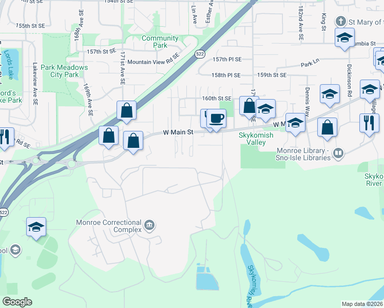 map of restaurants, bars, coffee shops, grocery stores, and more near 16372 177th Avenue Southeast in Monroe