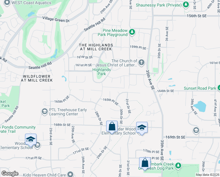 map of restaurants, bars, coffee shops, grocery stores, and more near 16431 29th Drive Southeast in Bothell