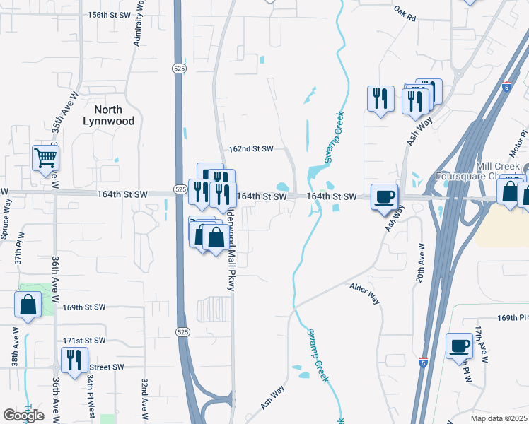 map of restaurants, bars, coffee shops, grocery stores, and more near 2510 164th Street Southwest in Lynnwood