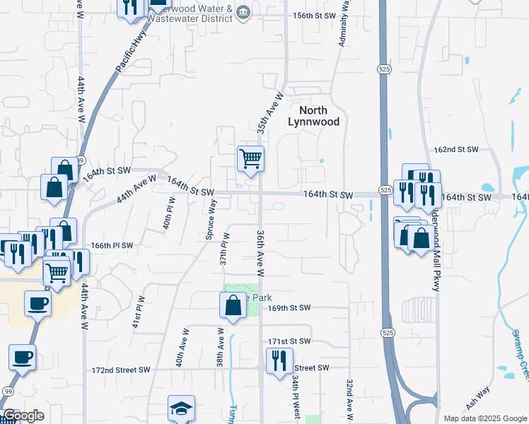 map of restaurants, bars, coffee shops, grocery stores, and more near 3530 164th Place Southwest in Lynnwood