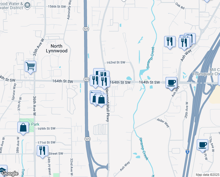 map of restaurants, bars, coffee shops, grocery stores, and more near 2610 164th Street Southwest in Lynnwood