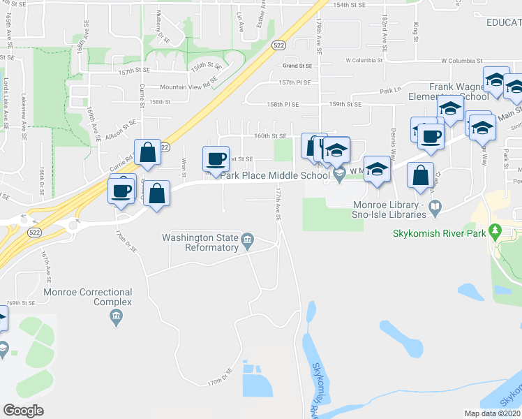 map of restaurants, bars, coffee shops, grocery stores, and more near 16372 177th Avenue Southeast in Monroe