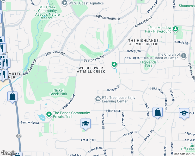map of restaurants, bars, coffee shops, grocery stores, and more near 2132 163rd Street Southeast in Mill Creek