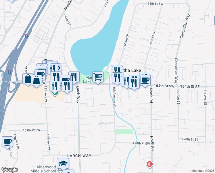 map of restaurants, bars, coffee shops, grocery stores, and more near 627 164th Street Southwest in Lynnwood