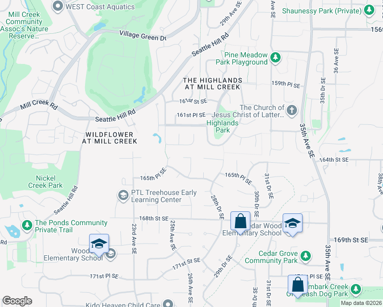 map of restaurants, bars, coffee shops, grocery stores, and more near 2609 163rd Place Southeast in Mill Creek