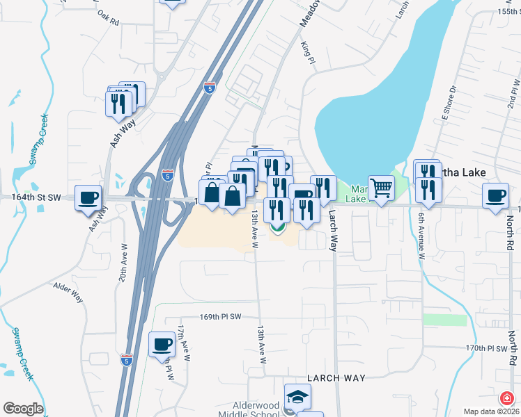 map of restaurants, bars, coffee shops, grocery stores, and more near in Larch Way