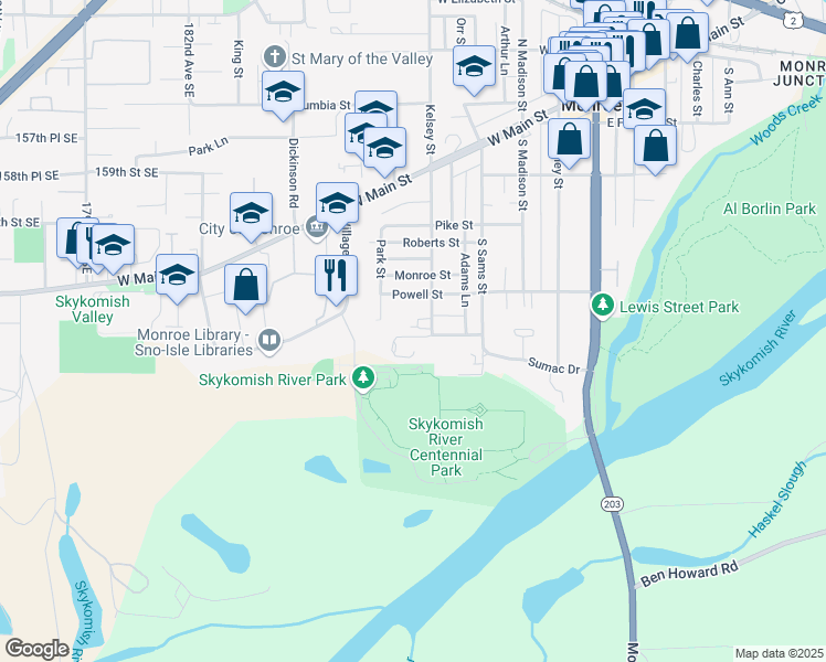 map of restaurants, bars, coffee shops, grocery stores, and more near 520 South Kelsey Street in Monroe