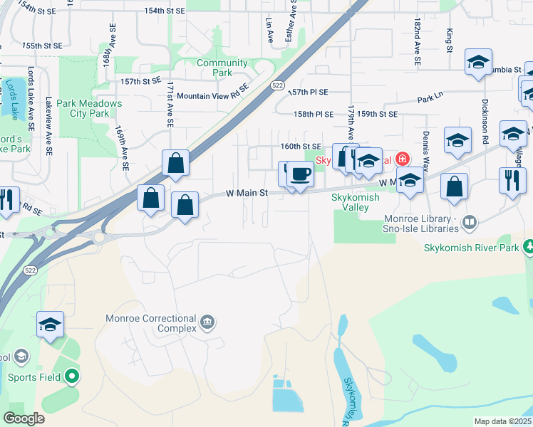 map of restaurants, bars, coffee shops, grocery stores, and more near 17510 West Main Street in Monroe