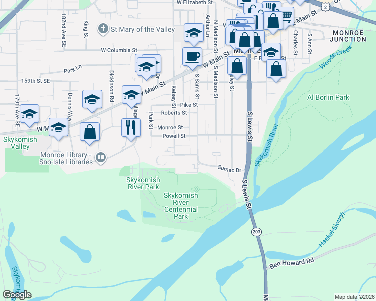 map of restaurants, bars, coffee shops, grocery stores, and more near 414 South Sams Street in Monroe