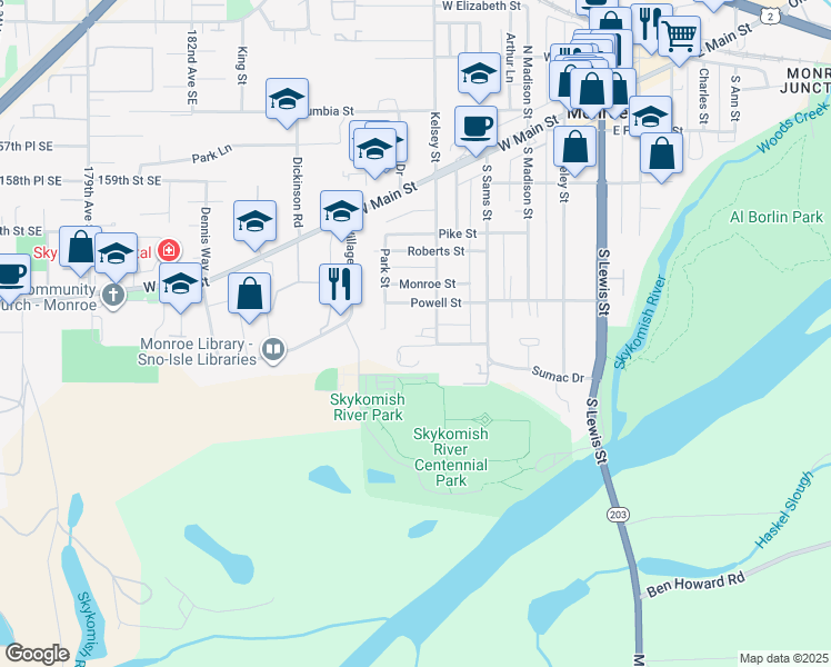 map of restaurants, bars, coffee shops, grocery stores, and more near 520 South Kelsey Street in Monroe