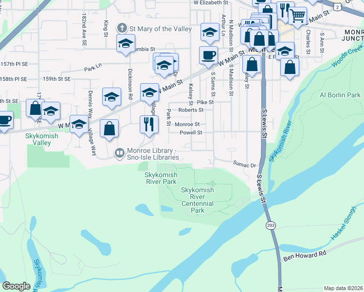 map of restaurants, bars, coffee shops, grocery stores, and more near 520 South Kelsey Street in Monroe