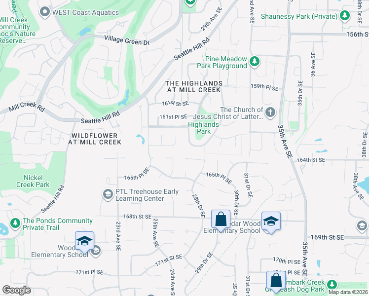 map of restaurants, bars, coffee shops, grocery stores, and more near 16308 27th Drive Southeast in Mill Creek