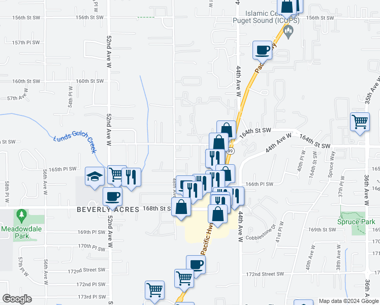 map of restaurants, bars, coffee shops, grocery stores, and more near 4622 164th Street Southwest in Lynnwood