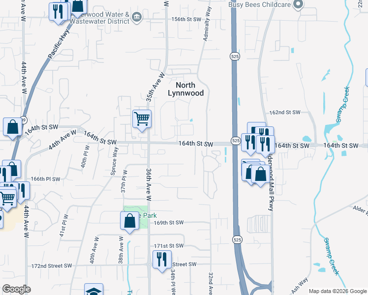 map of restaurants, bars, coffee shops, grocery stores, and more near 3324 164th Street Southwest in Lynnwood