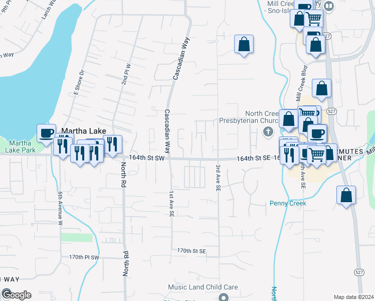 map of restaurants, bars, coffee shops, grocery stores, and more near 125 164th Street Southeast in Bothell