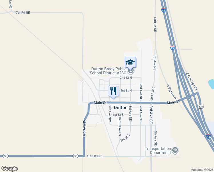 map of restaurants, bars, coffee shops, grocery stores, and more near 108 1st Avenue Northwest in Dutton