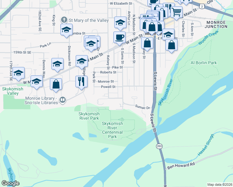map of restaurants, bars, coffee shops, grocery stores, and more near 414 South Sams Street in Monroe